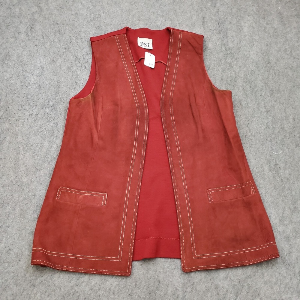 VINTAGE PSI Vest Womens Large‎ Brown Orange Leather Suede Wool Casual Ladies *